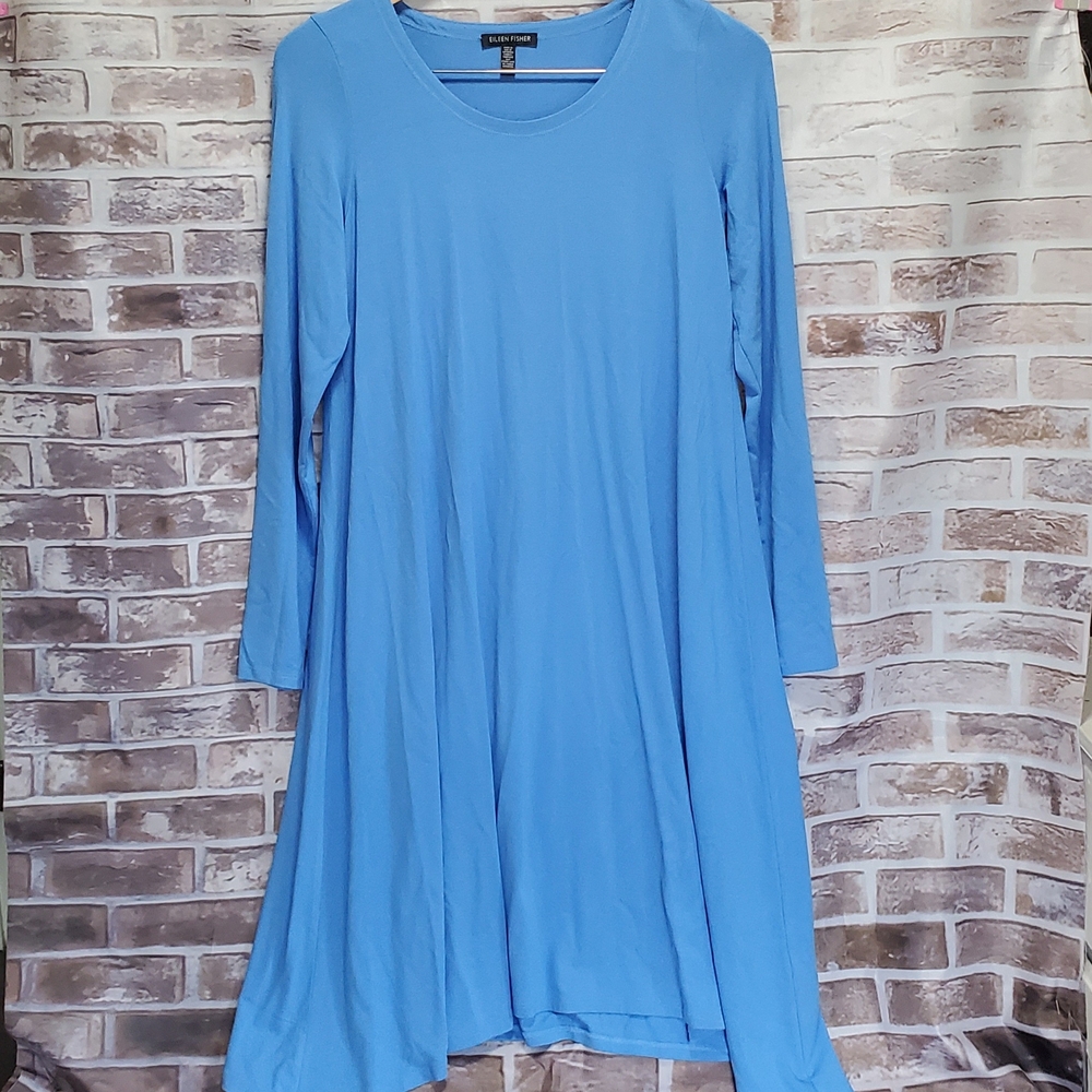 Eileen Fisher Dress S/P Blue Gray Long Sleeve Scooped Neck Boxy